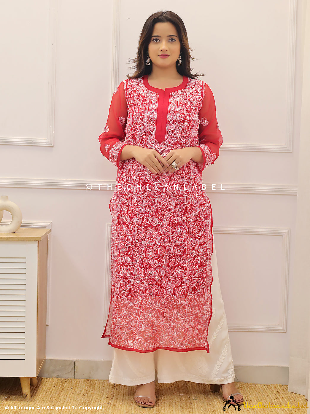 Red Naaz Georgette Chikankari Straight Kurti