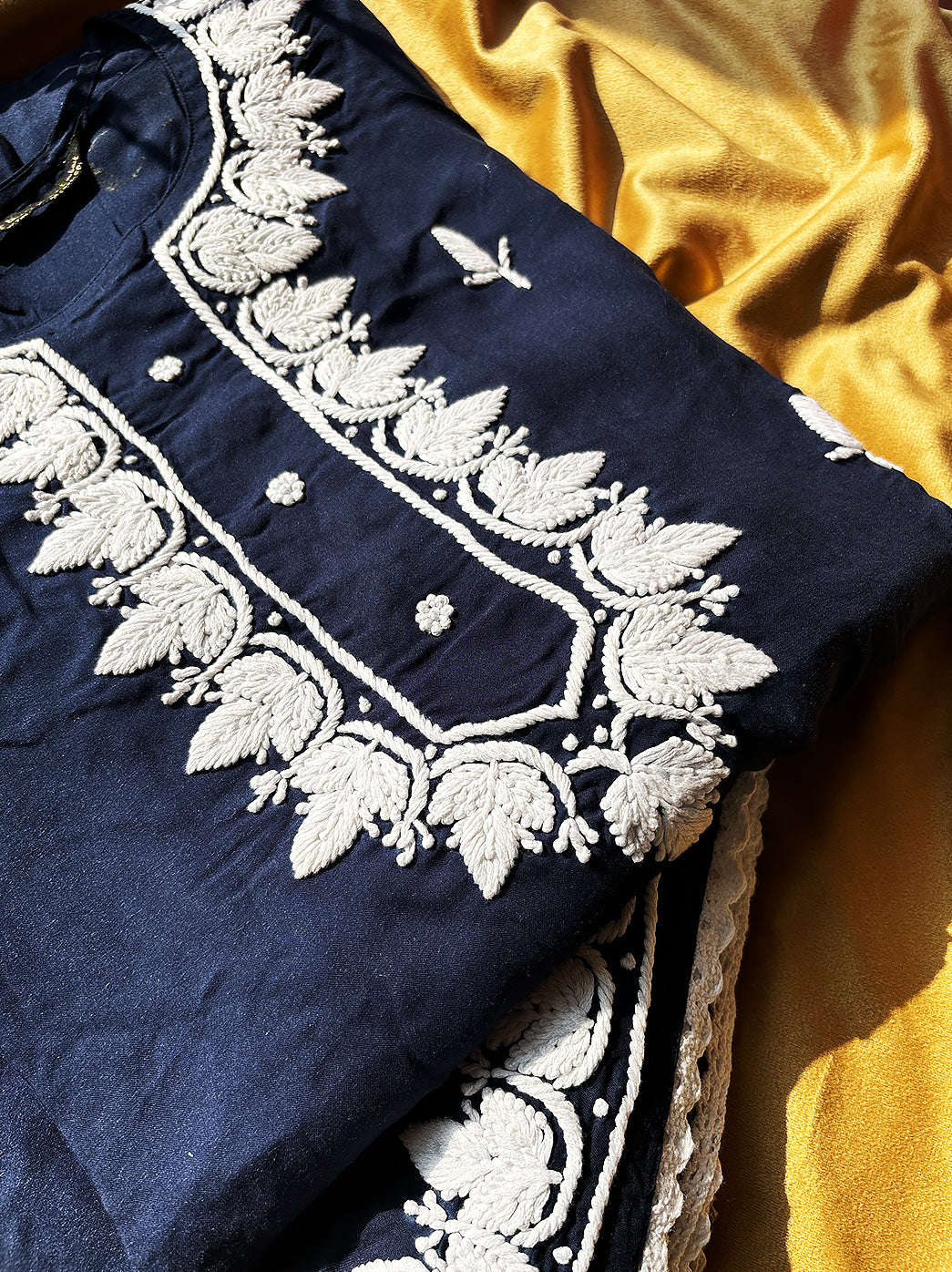 Navy Blue Adda Modal Chikankari Kaftan Pant Set