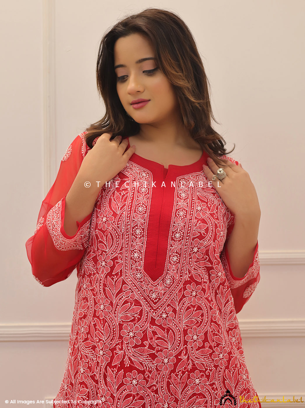 Red Naaz Georgette Chikankari Straight Kurti