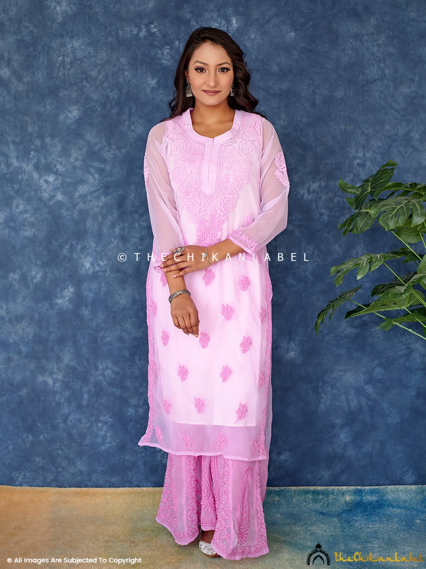 Ombre Lilac Georgette Chikankari Straight Kurta Set ,Chikankari Straight Kurta Set in Georgette Fabric for Woman