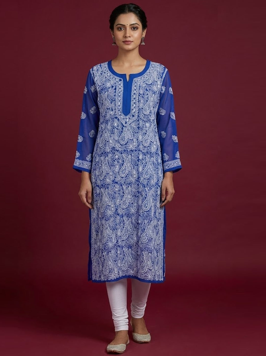 Royal Blue Georgette Chikankari Straight Kurti