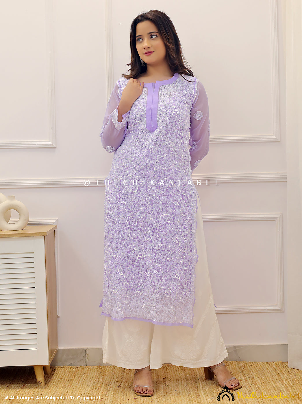 Lavender Naaz Georgette Chikankari Straight Kurti