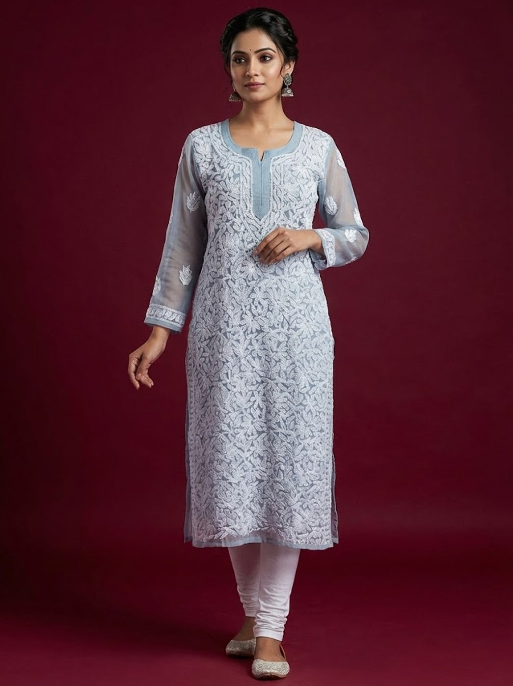 Grey Georgette Chikankari Straight Kurti