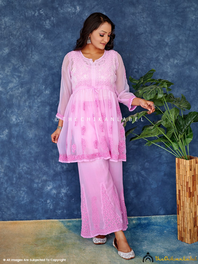 Ombre Lilac Georgette Chikankari Short Kurta Set ,Chikankari Short Kurta Set in  Georgette Fabric For Woman