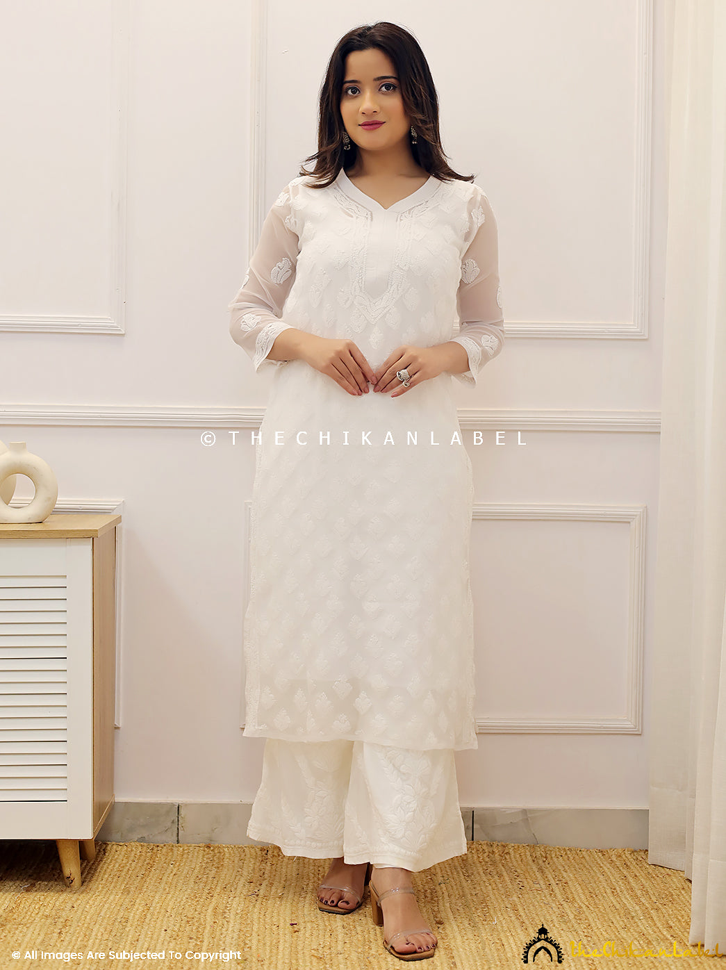 White Georgette Chikankari Straight Kurti