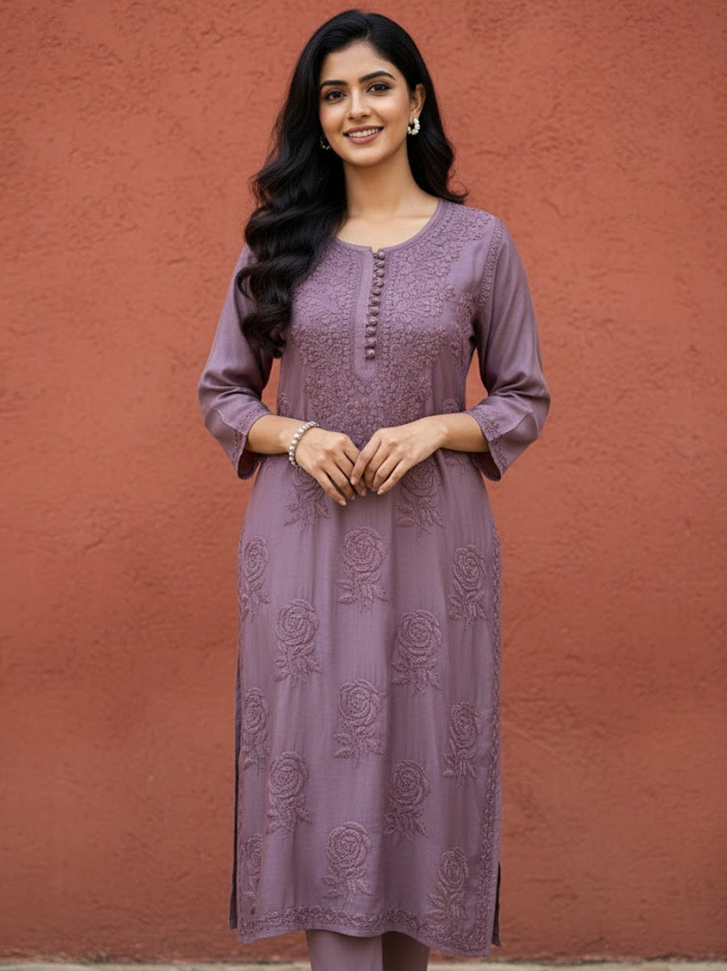Choco Gulaab Muslin Chikankari Straight Kurti