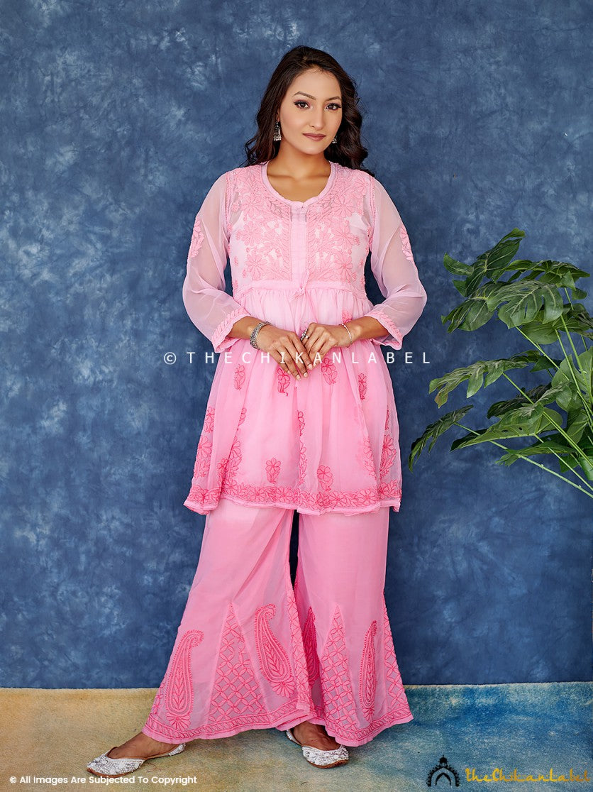 Ombre Pink Georgette Chikankari Short Kurta Set ,Chikankari Short Kurta Set in Georgette Fabric For  Woman