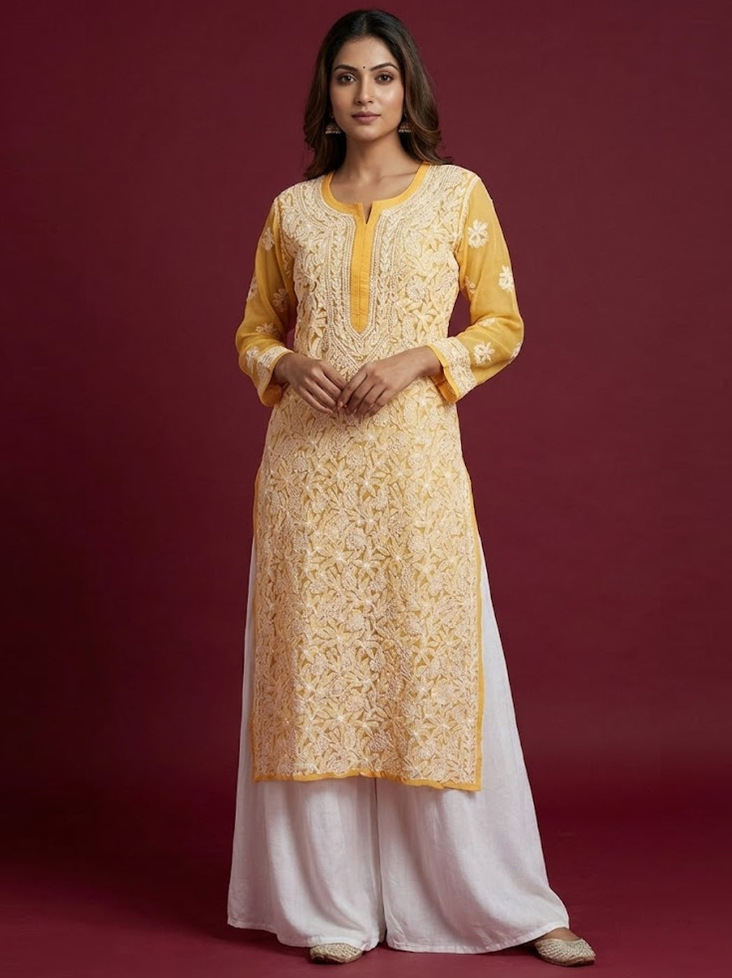Yellow  Georgette Chikankari Straight Kurti