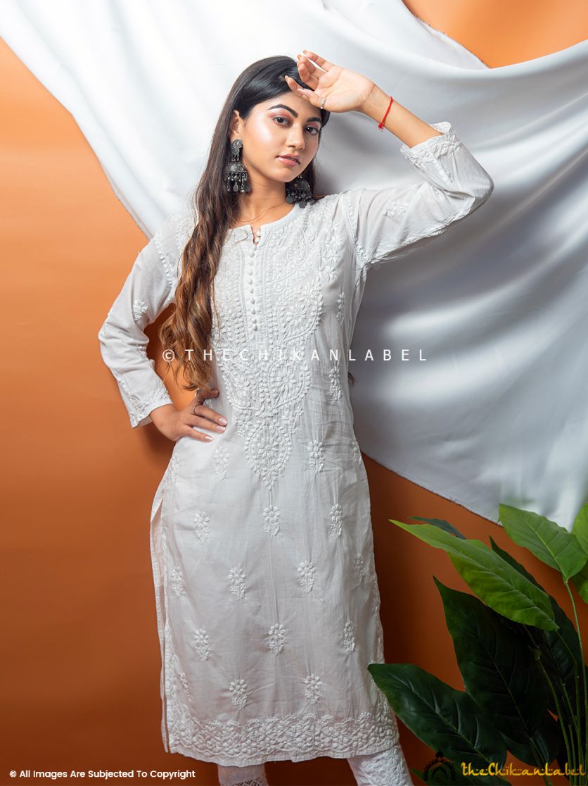White Barkha Cotton Chikankari Straight Kurti ,Chikankari Straight Kurti in Cotton Fabric For Woman