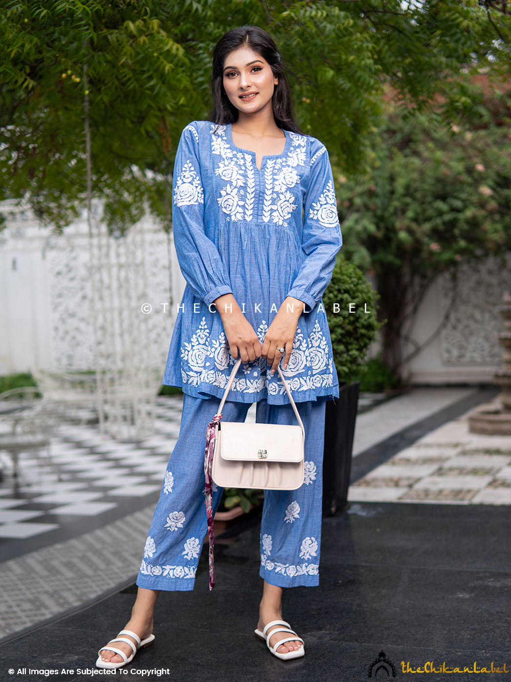 Laiba Denim Chikankari Short Kurta Set ,Chikankari Short Kurta Set in Canmbic Cotton Fabric For Woman