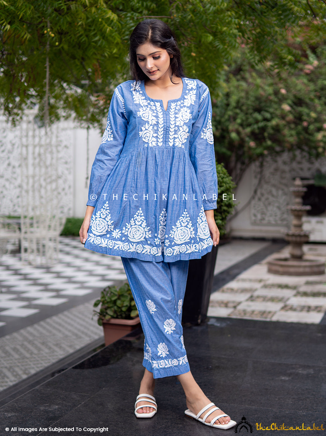 Laiba Denim Chikankari Short Kurta Set-Blue XS - Main Image