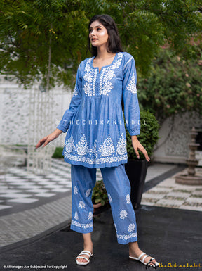Blue Denim Laiba Co-Ord Chikankari Kurti Pant Set