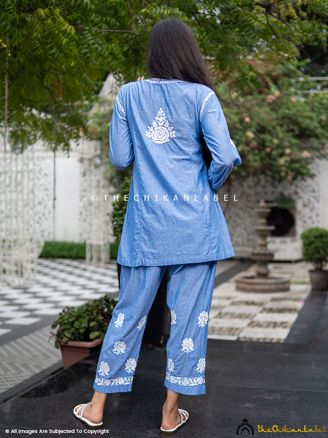 Laiba Denim Chikankari Short Kurta Set-Blue XS - Main Image