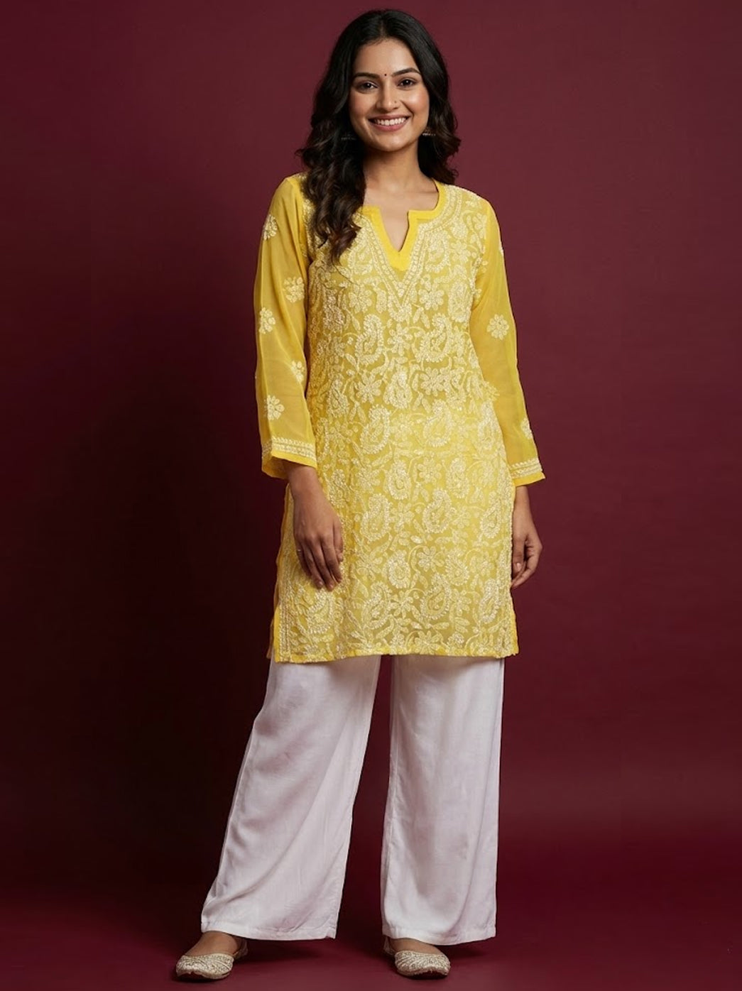 Yellow Georgette Chikankari Short Jaal Kurti