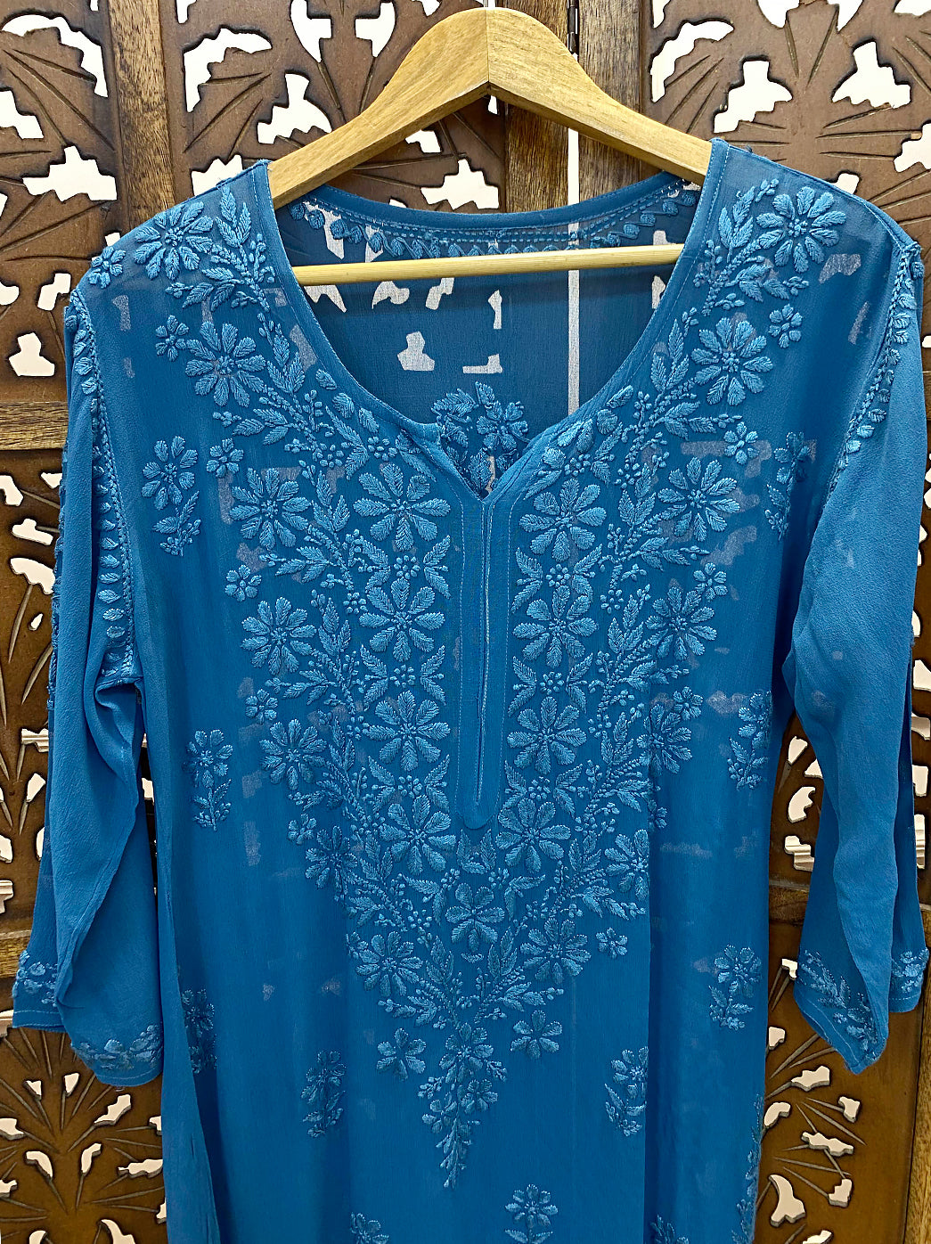 Blue Viscose Chikankari Straight Kurti