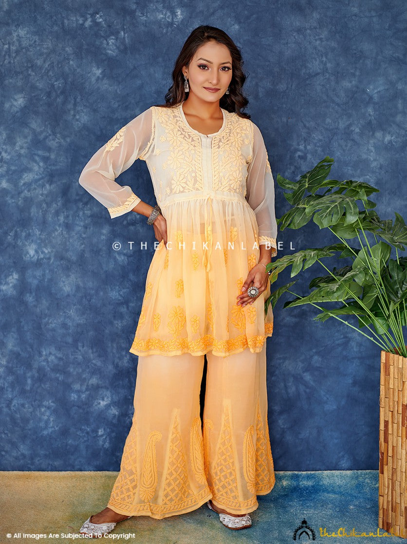Ombre Yellow Georgette Chikankari Short Kurta Set ,Chikankari Short Kurta Set in Georgette Fabric For Woman