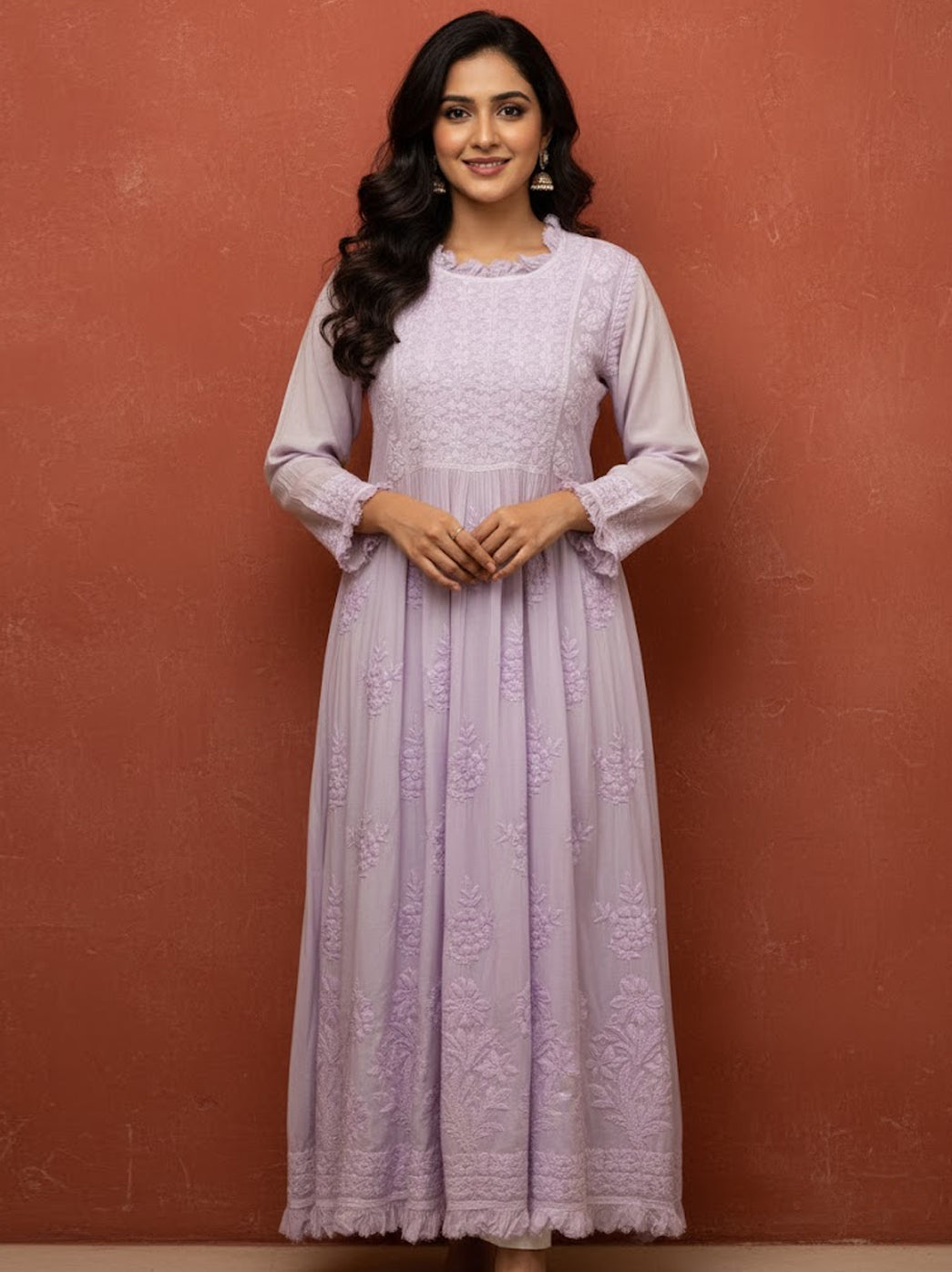 Lavender Muslin Chikankari A-Line Kurti