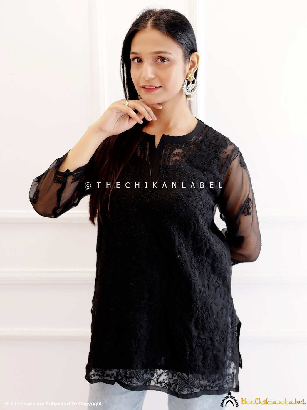Black Georgette Chikankari Short Jaal Kurti