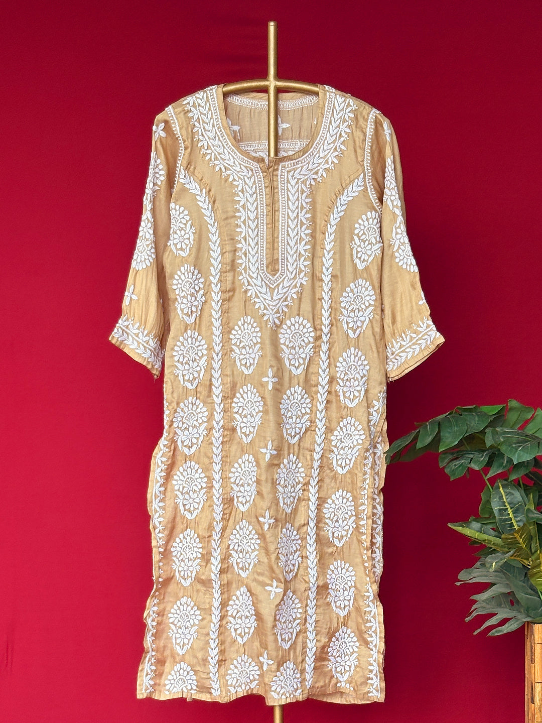 Wareeha Italian Silk Chikankari Kurta - Beige