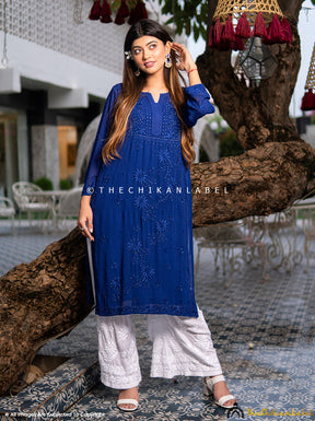 Royal Blue Avni Viscose Straight Chikankari Kurti with Mukaish Work