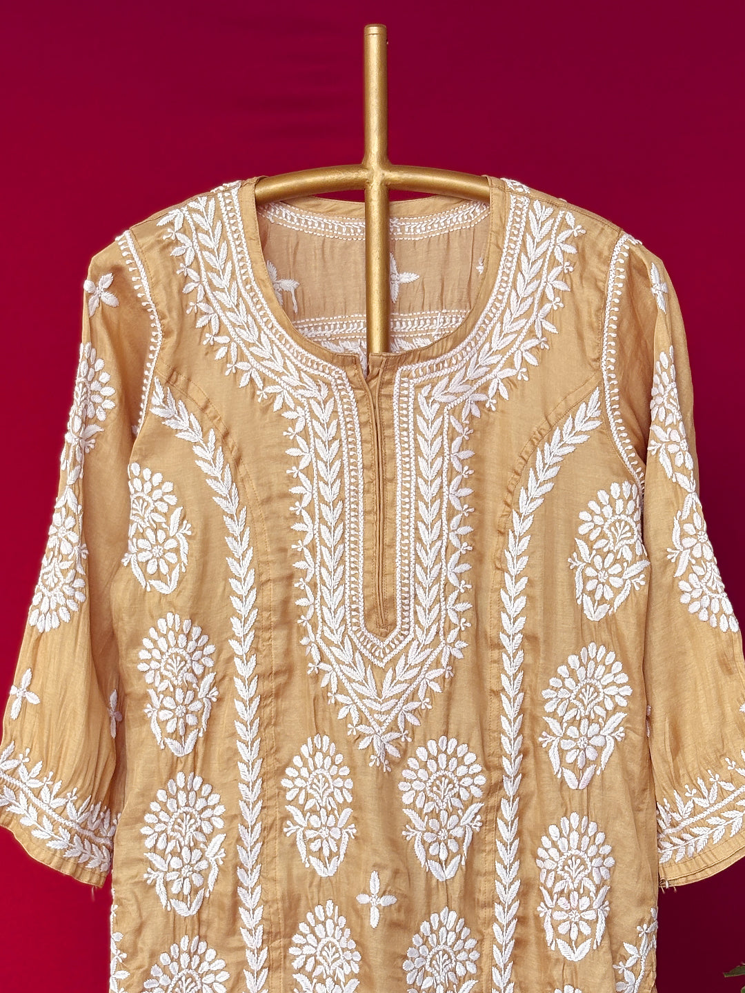Wareeha Italian Silk Chikankari Kurta - Beige