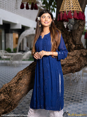Royal Blue Avni Viscose Straight Chikankari Kurti with Mukaish Work