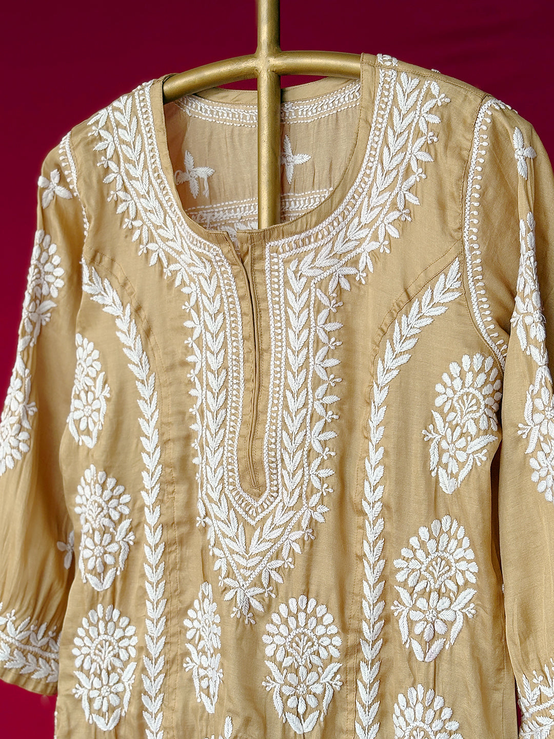 Wareeha Italian Silk Chikankari Kurta - Beige