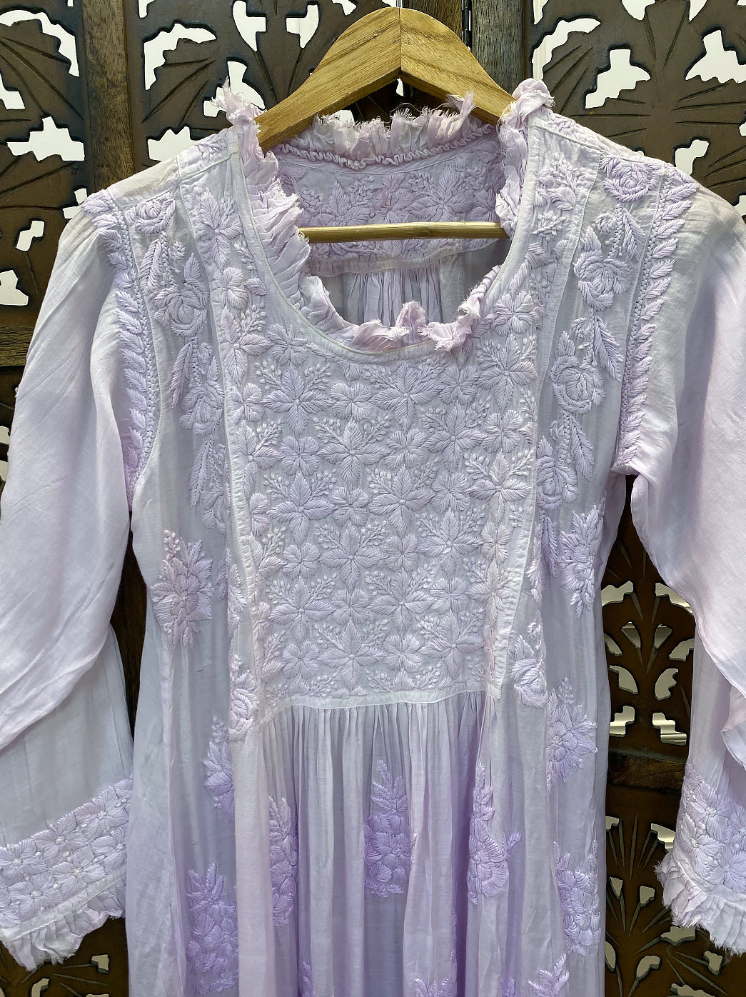 Lavender Muslin Chikankari A-Line Kurti