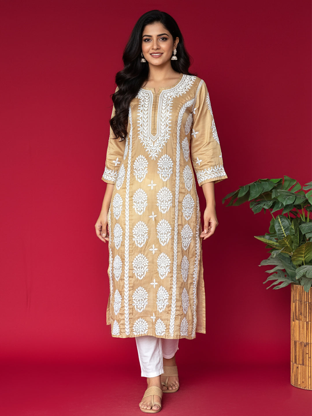 Wareeha Italian Silk Chikankari Kurta - Beige