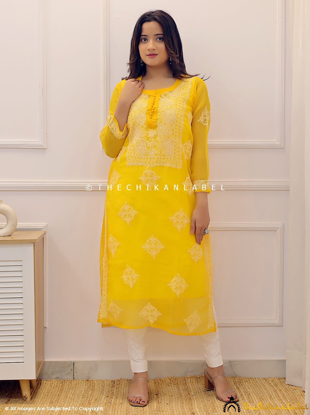 Mustard Yellow Georgette Chikankari Straight Kurti