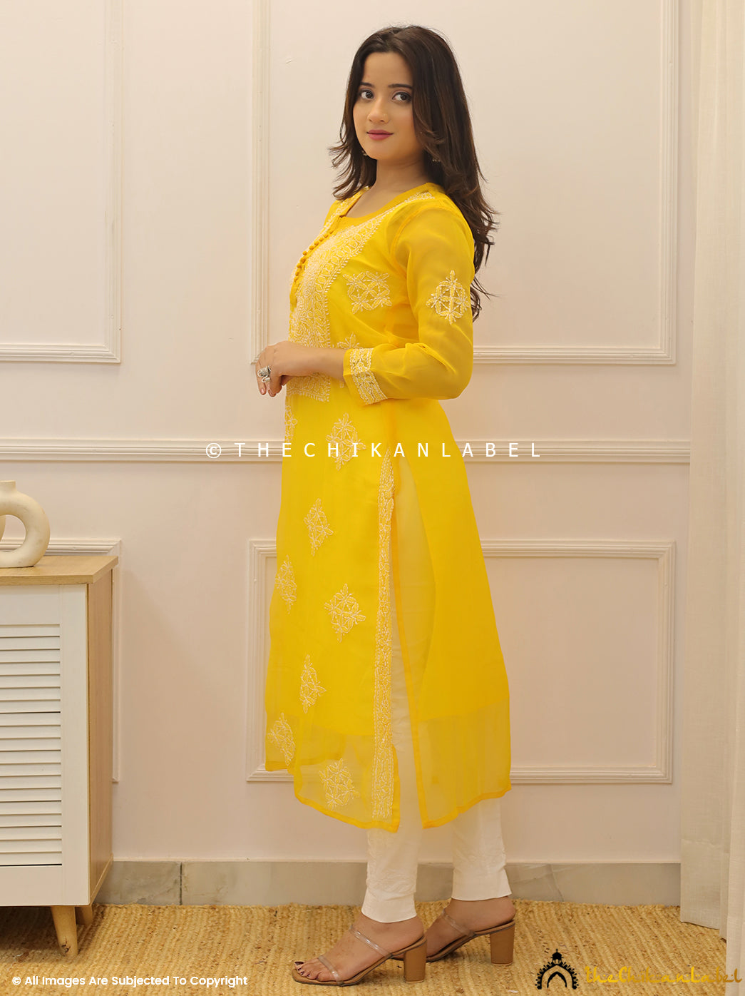 Mustard Yellow Georgette Chikankari Straight Kurti