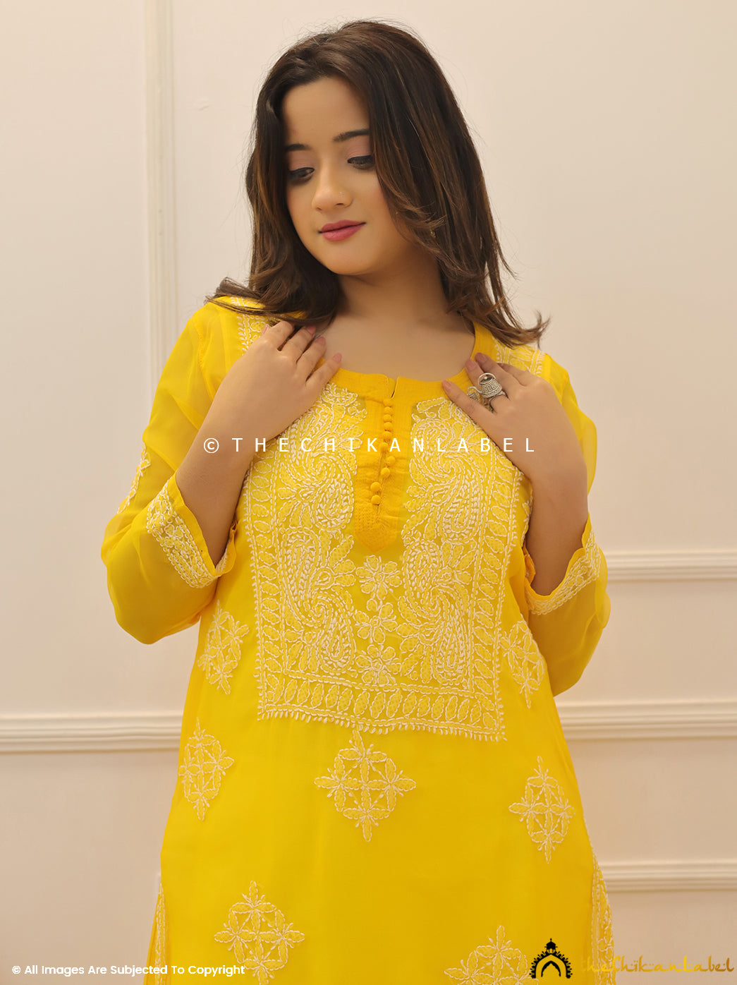 Mustard Yellow Georgette Chikankari Straight Kurti