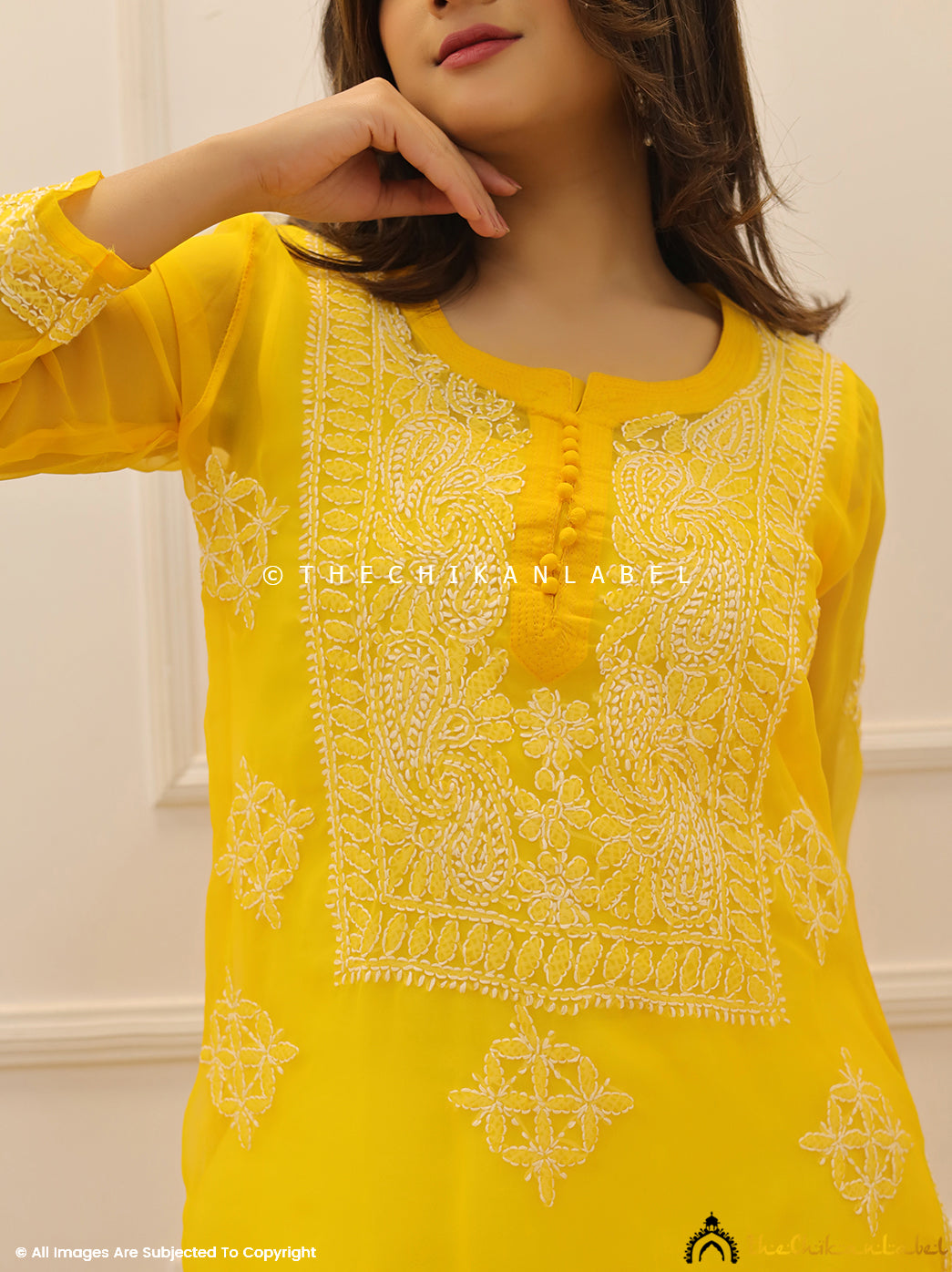 Mustard Yellow Georgette Chikankari Straight Kurti