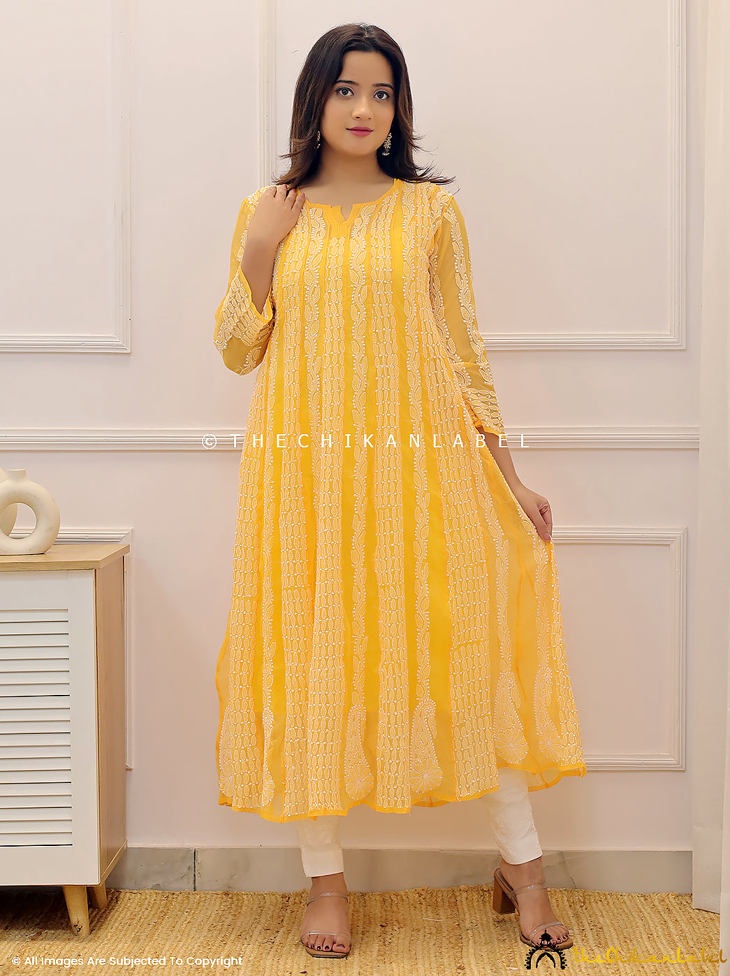 Mustard Yellow Georgette Chikankari Anarkali Kurti