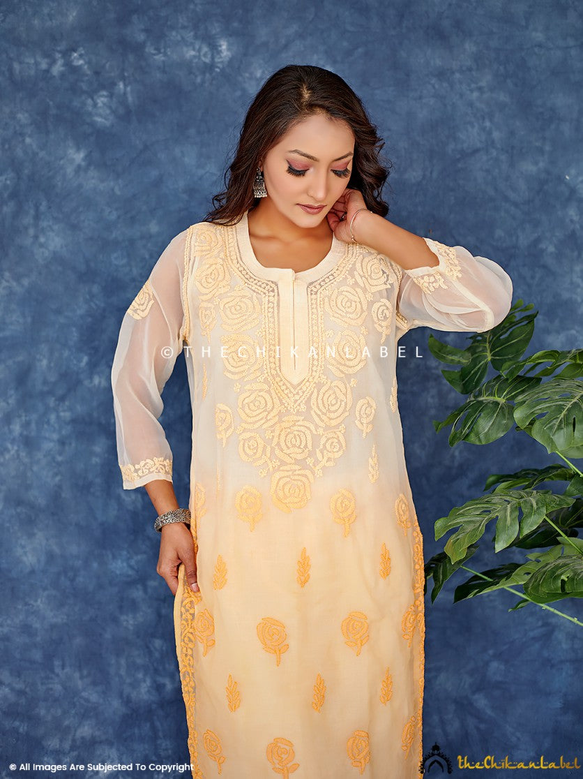 Ombre Yellow Georgette Chikankari StraightKurta Set ,Chikankari Short Kurta Set in Georgette Fabric For Woman