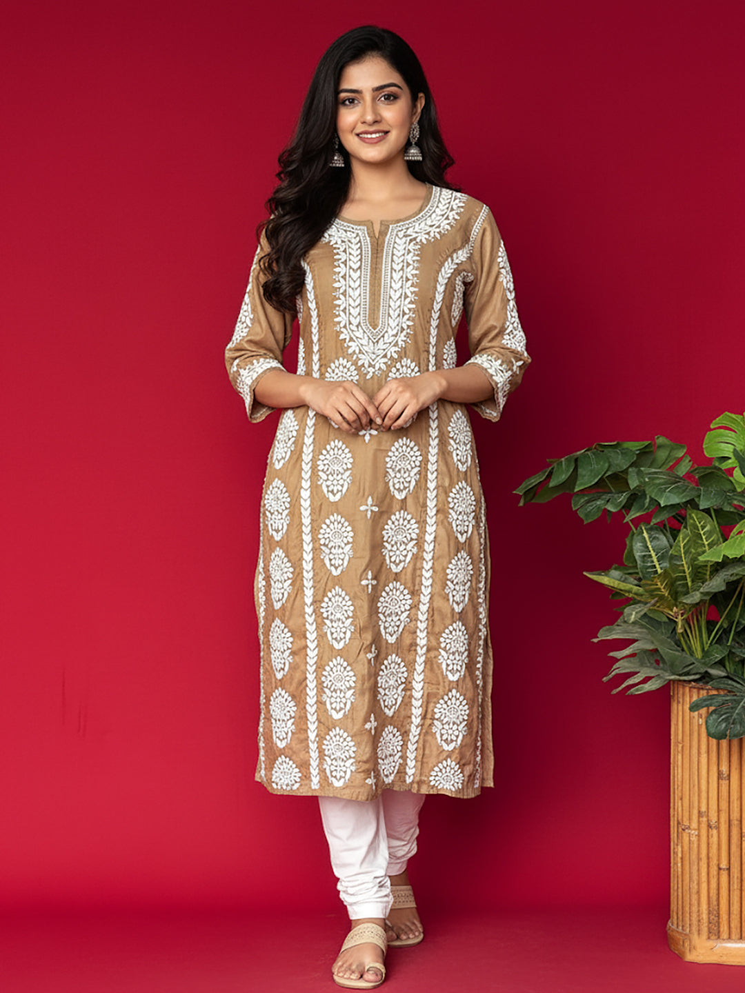 Wareeha Italian Silk Chikankari Kurta - Khaki
