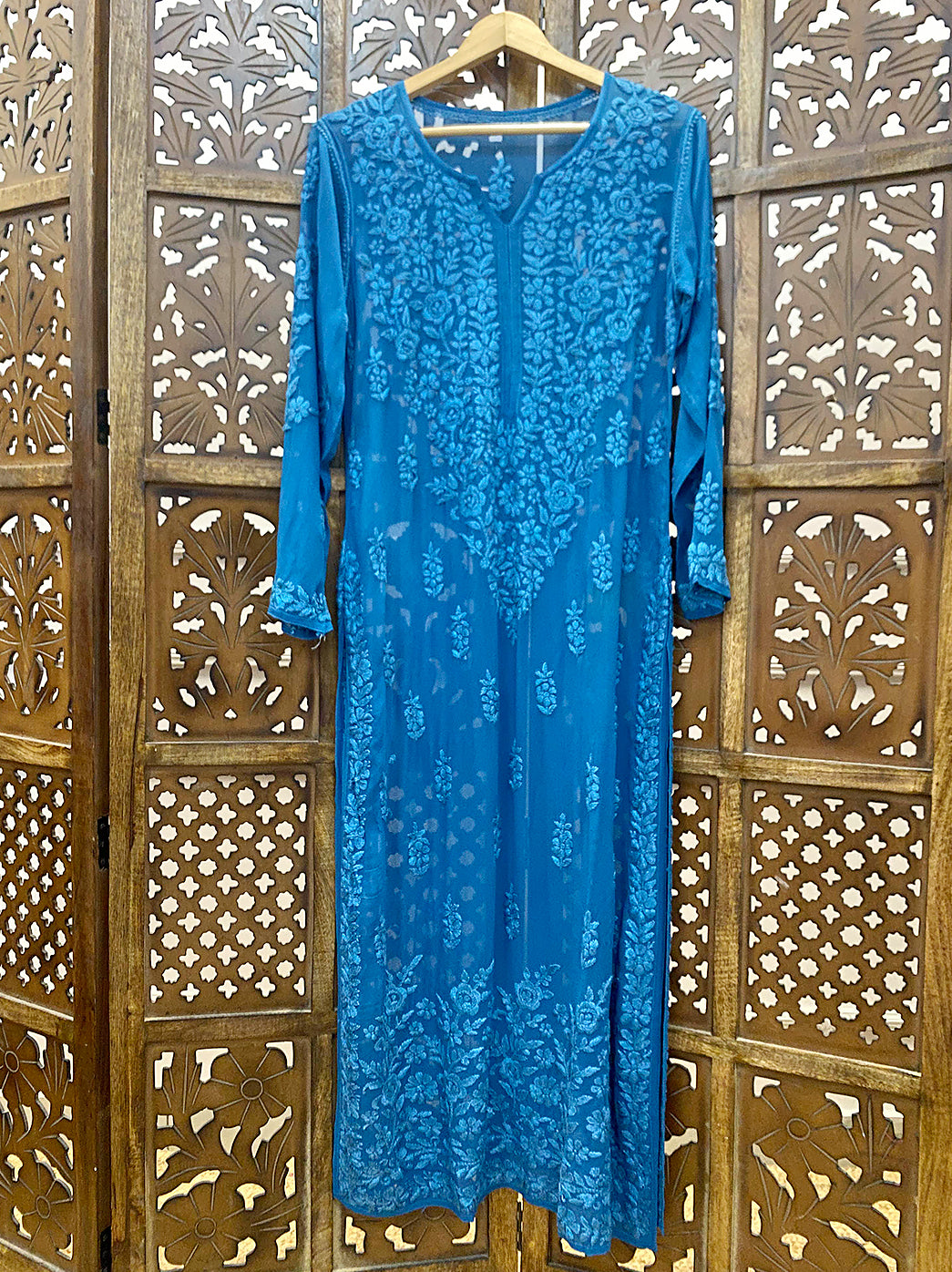 Blue Viscose Chikankari Straight Kurti
