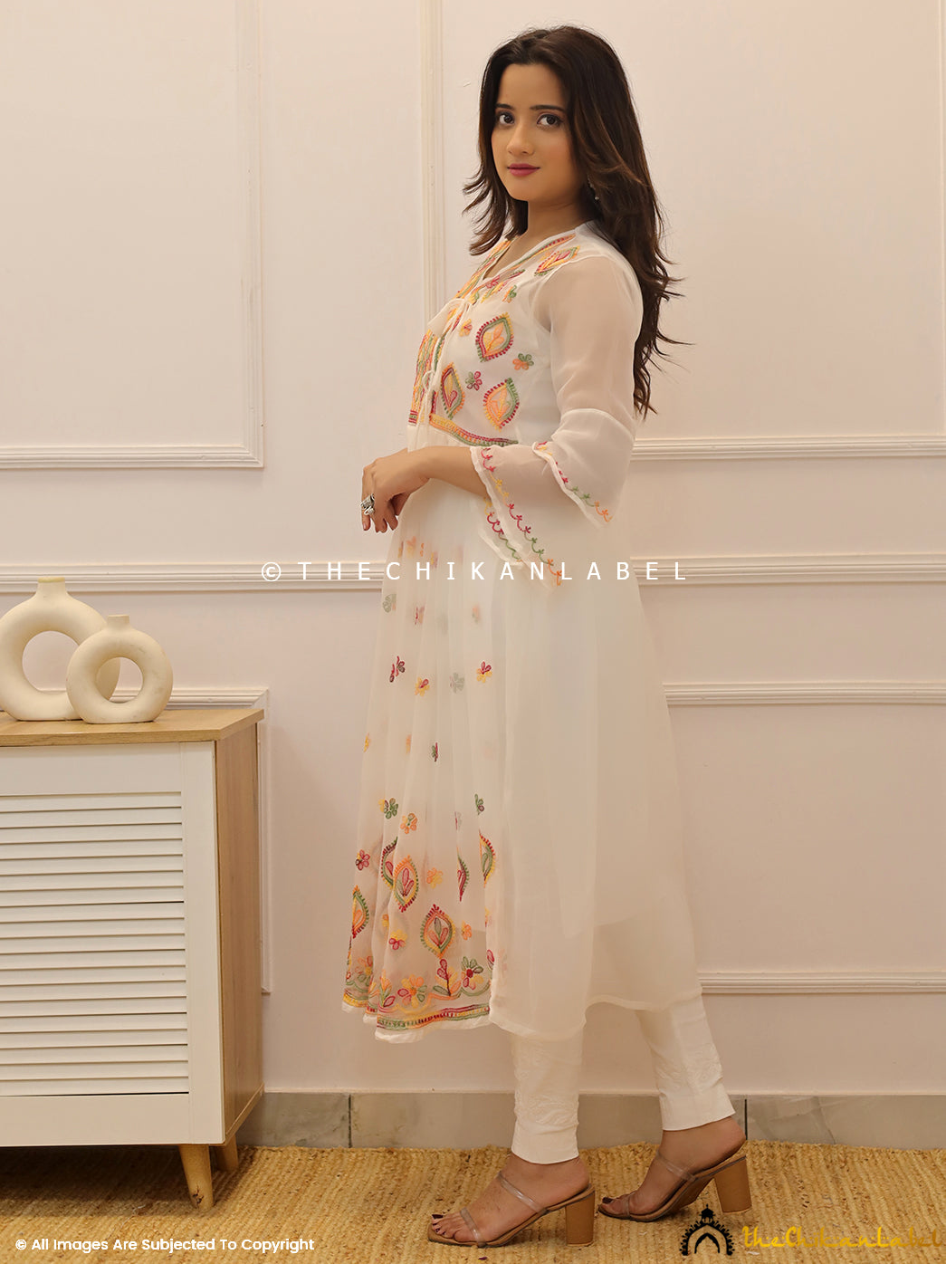 White Multi Georgette Chikankari Angarkha Kurti