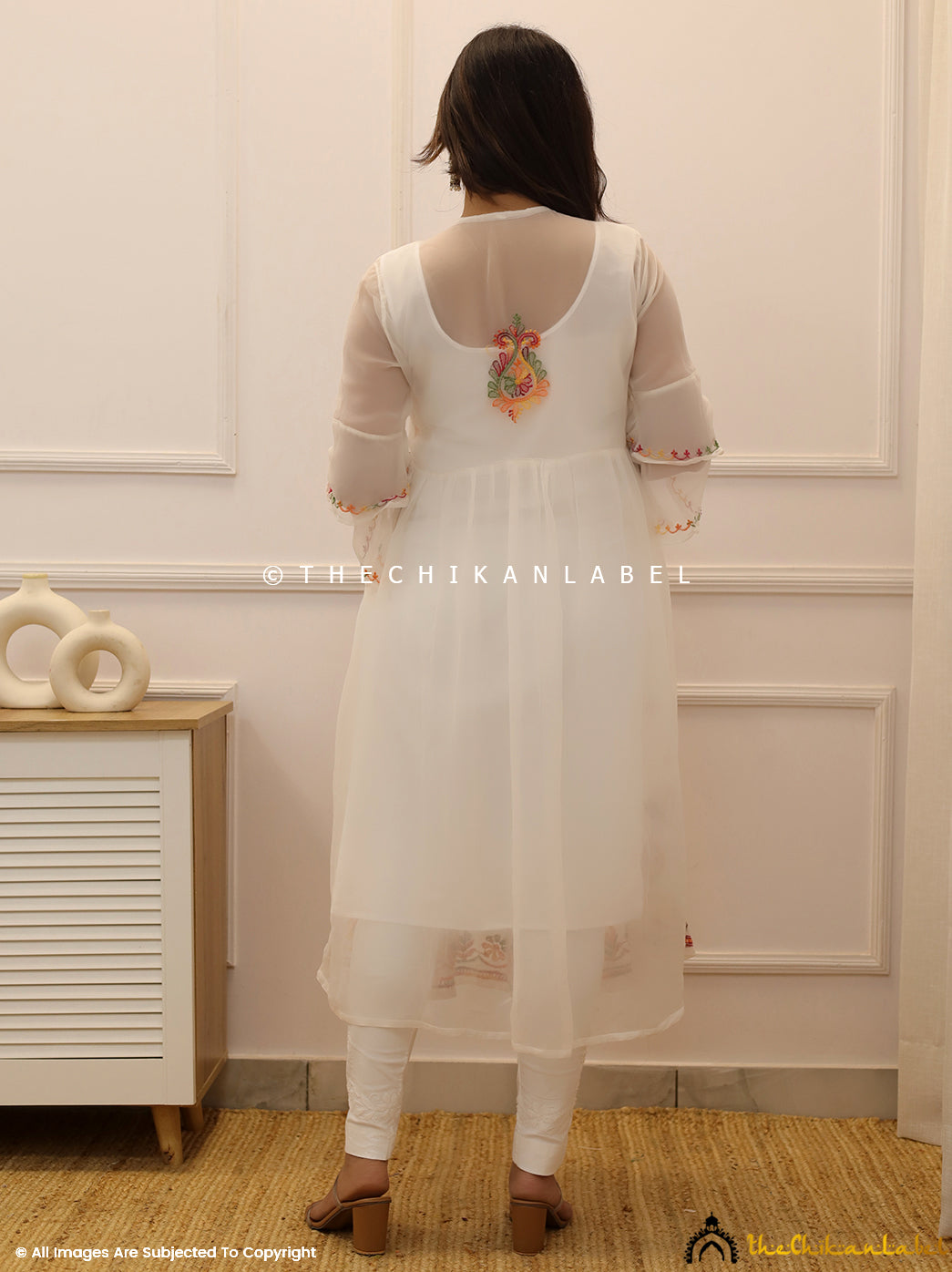 White Multi Georgette Chikankari Angarkha Kurti