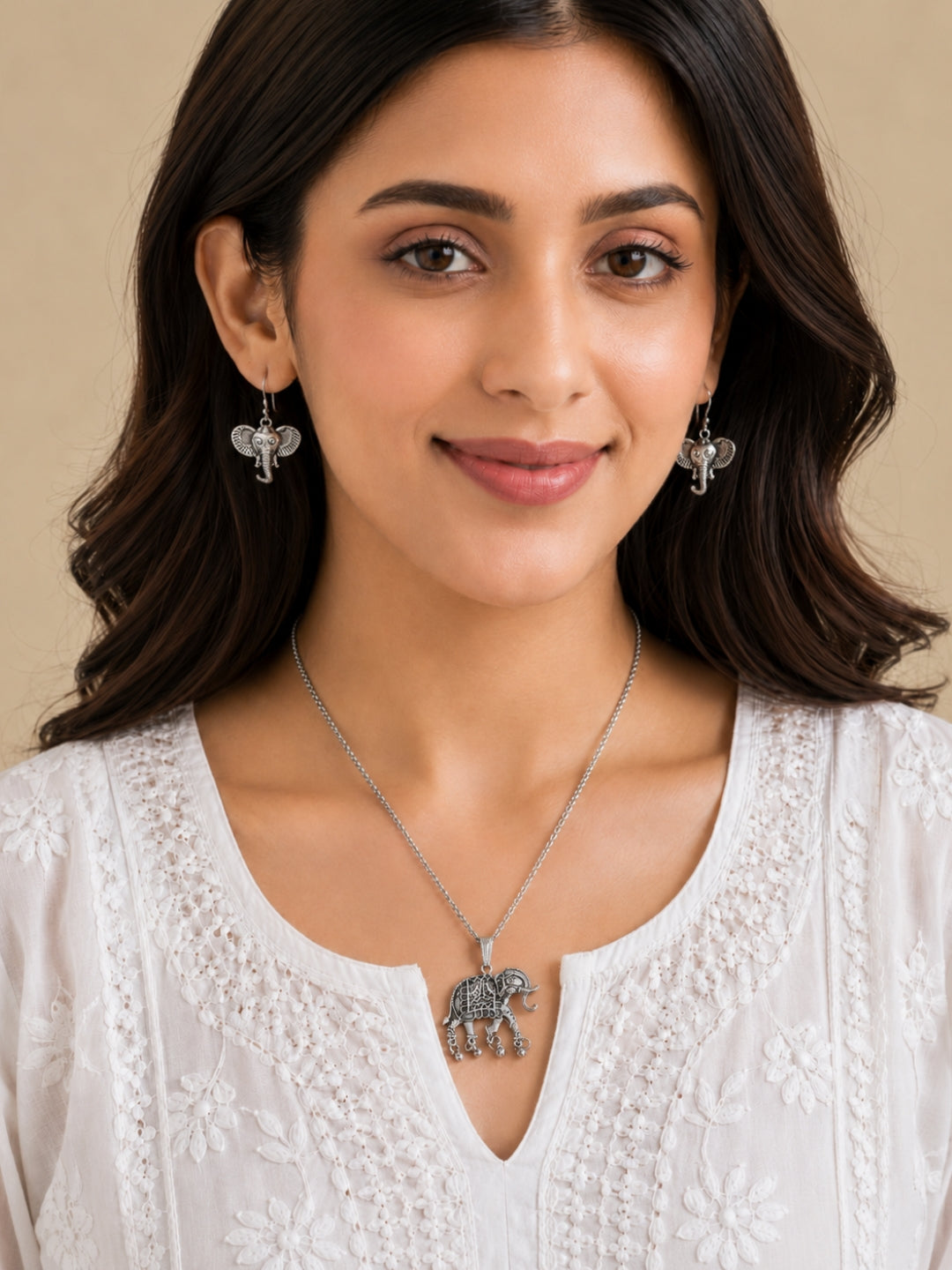 Gajraj Oxidised Silver-Tone Elephant Pendant Necklace & Earrings Set