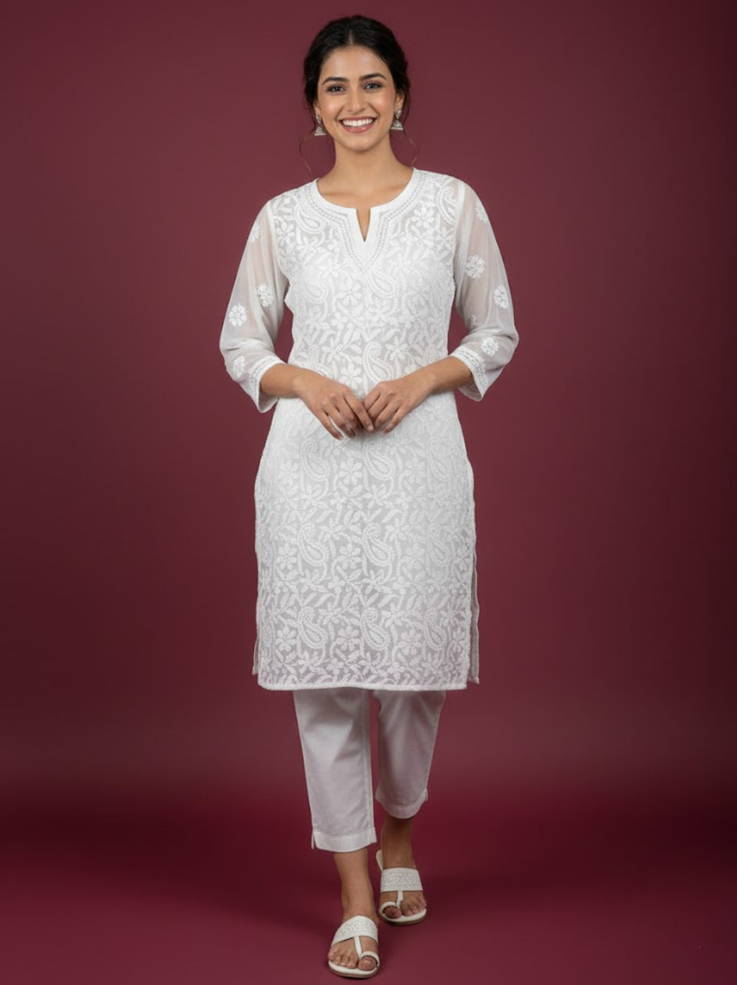 White Georgette Chikankari Short Jaal Kurti