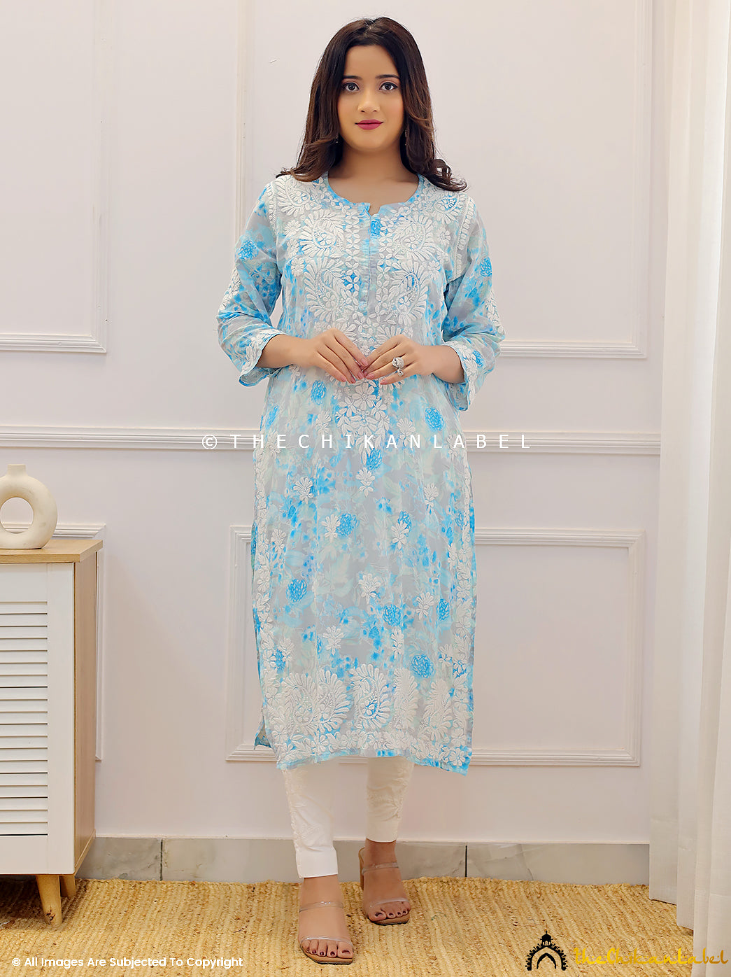 Blue Mulmul Printed Chikankari Straight Kurti