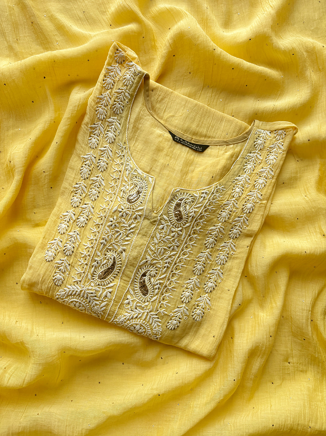 Yellow Mulmul Chanderi Semi-stitched Chikankari Suit with Dupatta