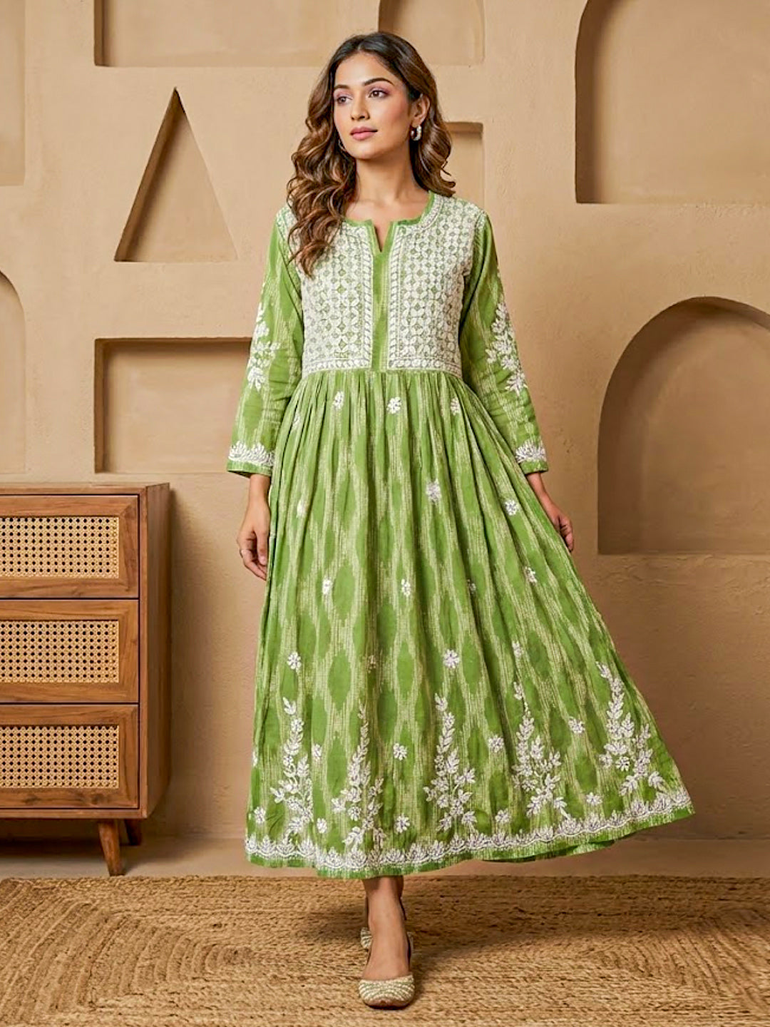Green Mulmul Chikankari Anarkali Kurta