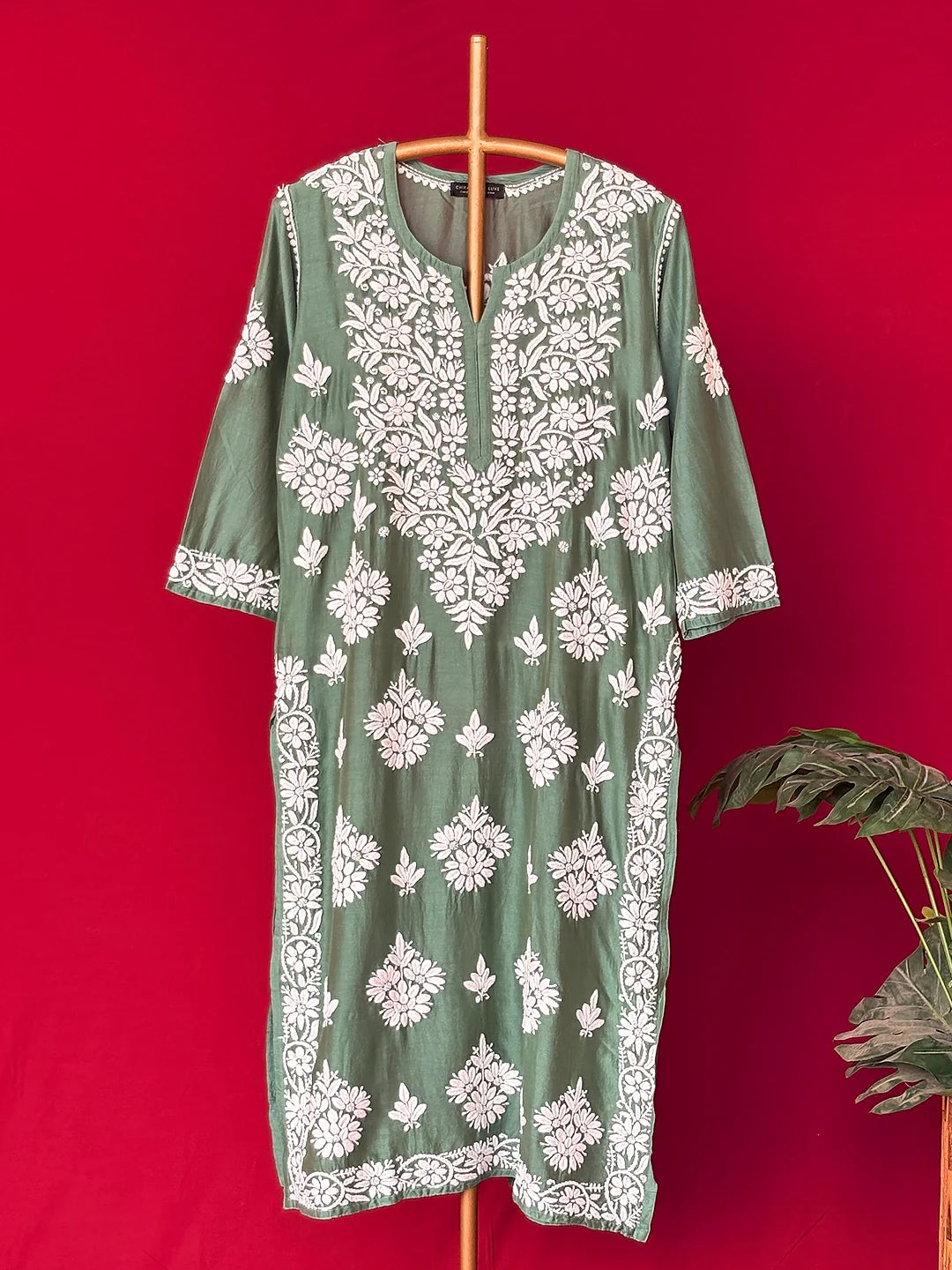 Uzma Chanderi Chikankari Kurta - Green
