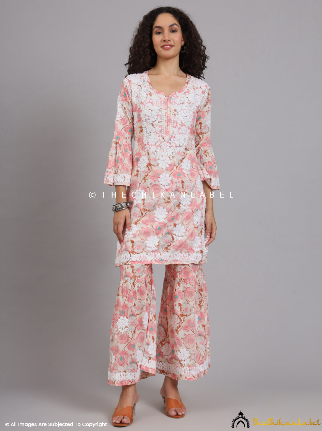 Peach Tarz Mulmul Cotton Chikankari Kurta Garara Set