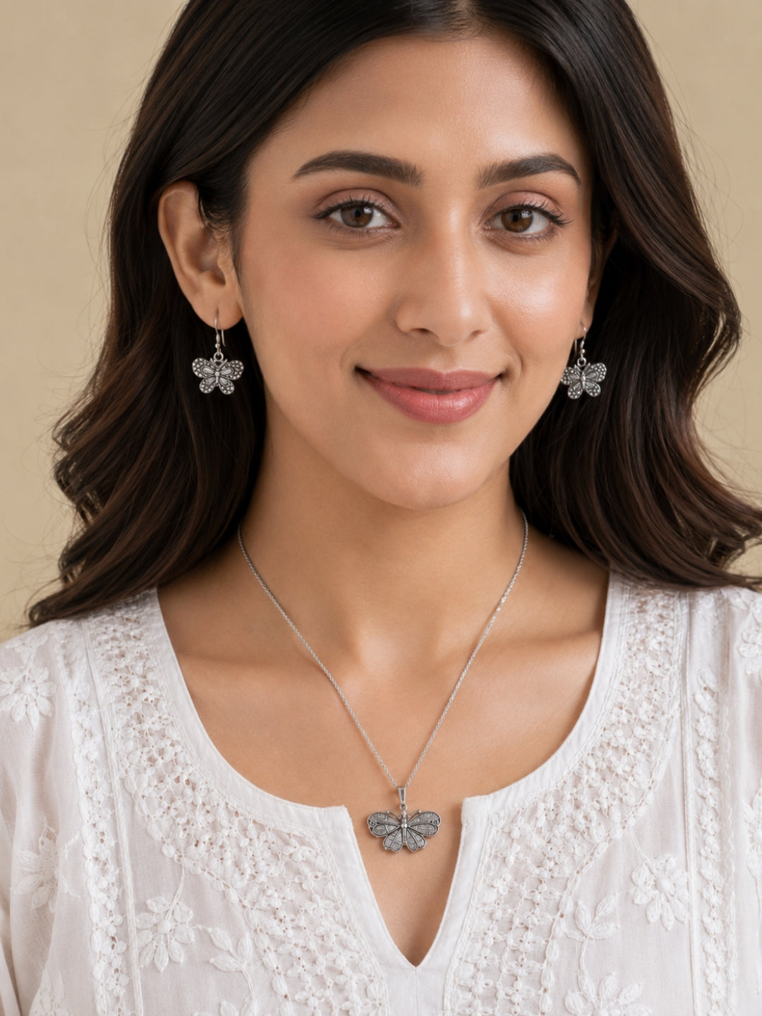 Titli Oxidised Silver Butterfly Pendant Necklace & Earrings Set