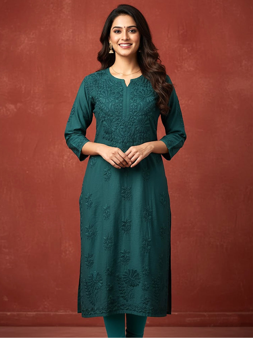 Teal Green Chanderi Chikankari Straight Kurti