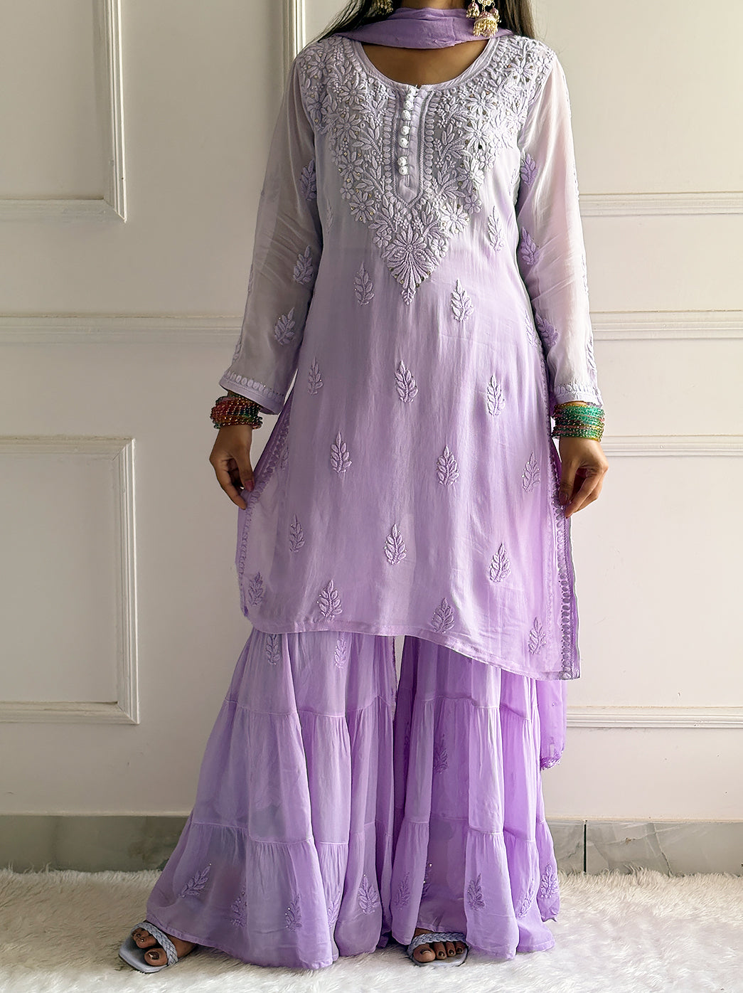 Women’s Lavender Haya viscose kurta set with handcrafted embroidery, stylish garara pants and matching dupatta for festive and wedding occasions
