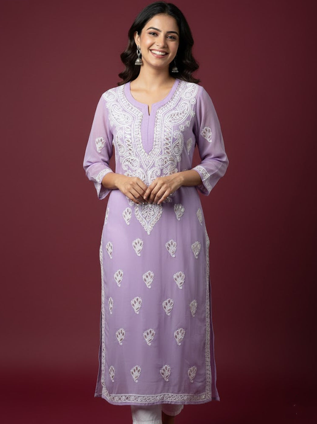 Lavender Georgette Chikankari Straight Kurti